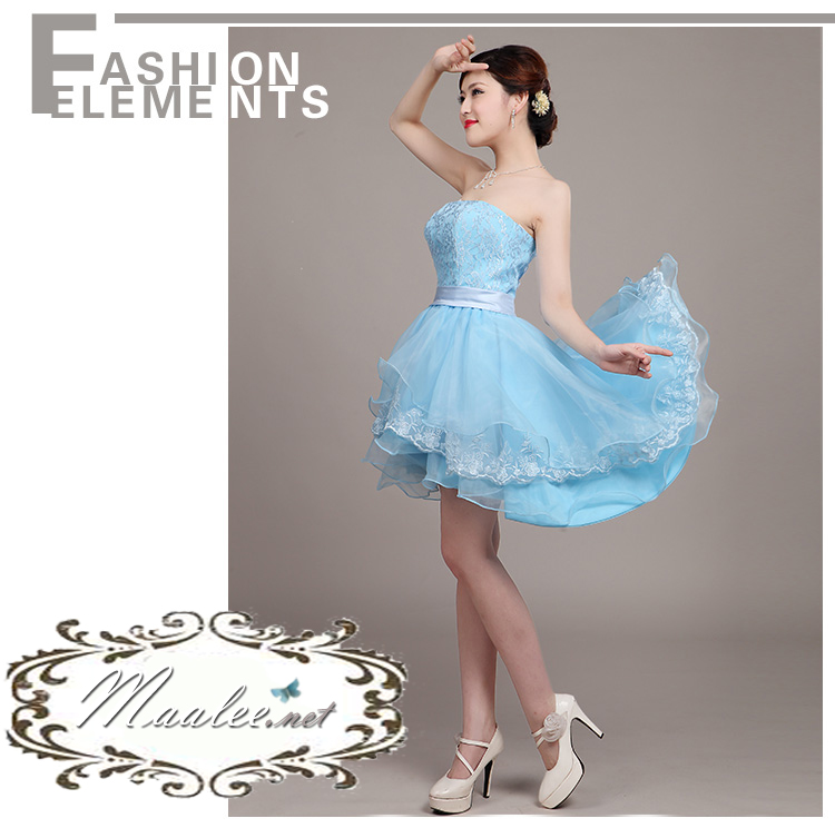 พร้อมเช่า ชุดราตรีสั้น เกาะอก แต่งลูกไม้กระโปรง3ชั้น ผ้าแก้ว ผ้าคาดเอวซาติน หน้าสั้นหลั้งยาว สีฟ้า