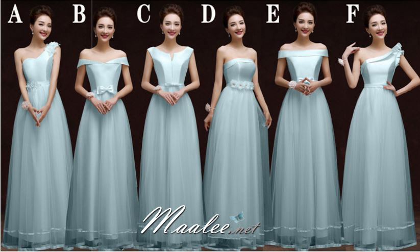 พร้อมเช่า ชุดราตรียาว ชุดเพื่อนเจ้าสาว แบบ B ปาดไหล่ แต่งโบว์ช่วงเอว (เชือกผูกหลัง)