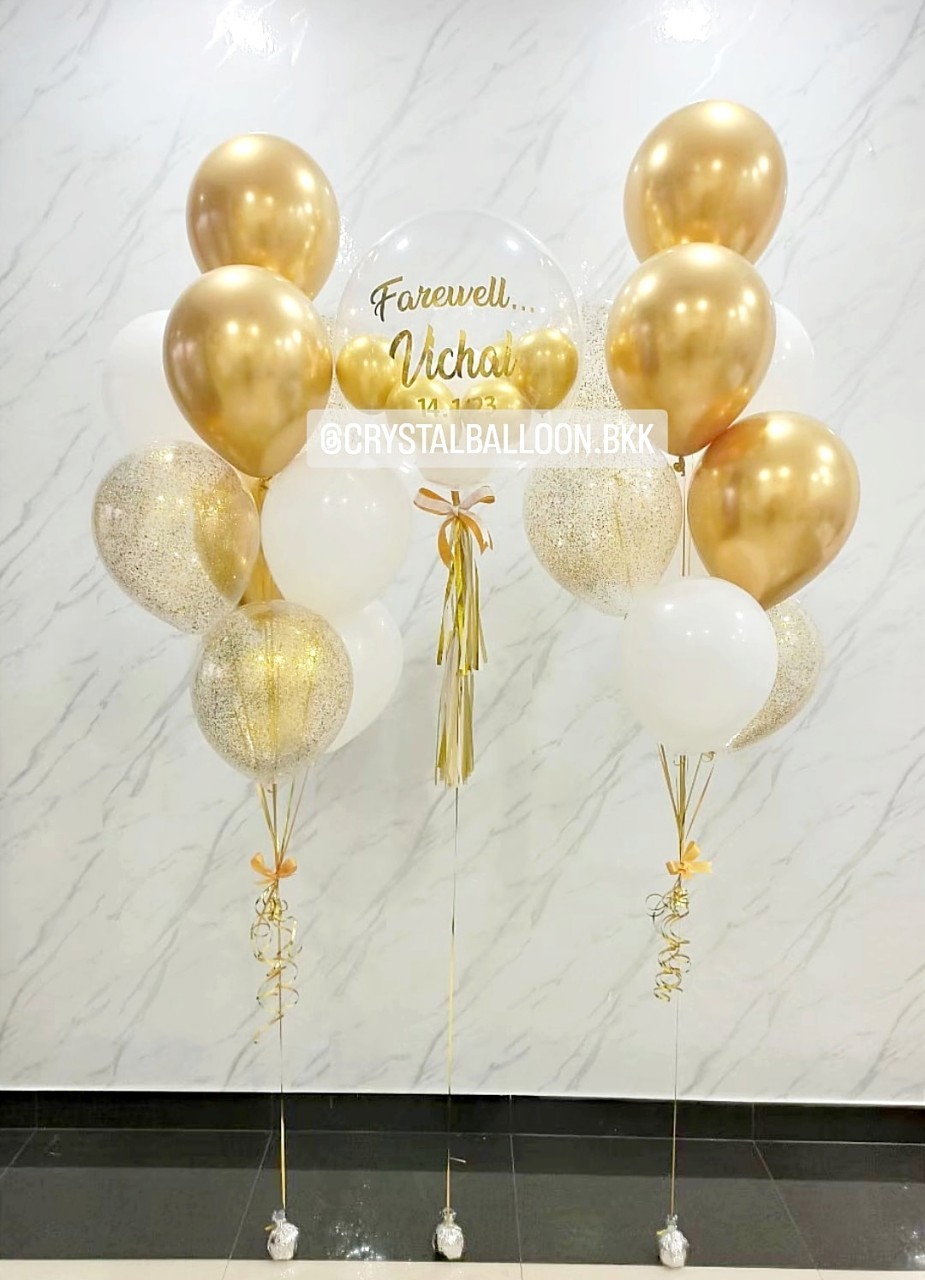 ลูกโป่ง อำลา Bubble USA 24" Theme สีทอง พร้อมตกแต่ง ช่อลูกโป่ง 9 ลูก 2 ช่อ,ลูกโป่งใส ใส่กลิตเตอร์ สามารถเปลี่ยนสีลูกโป่ง/เปลี่ยนข้อความได้