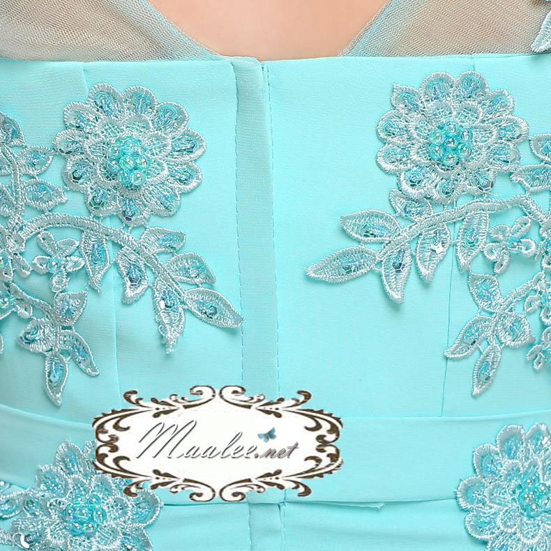 พร้อมเช่า ชุดราตรียาว ผ้าชีฟอง สีฟ้า ปักลูกไม้และแต่งลูกปัด สวยหรู