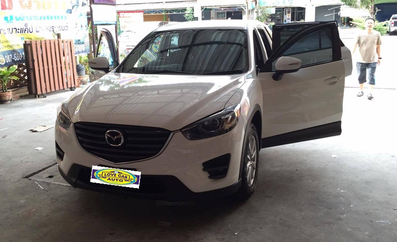 ยางปูพื้นรถยนต์เข้ารูป Mazda CX-5 ลายกระดุมสีส้มขอบดำ + ท้าย + พับเบาะ