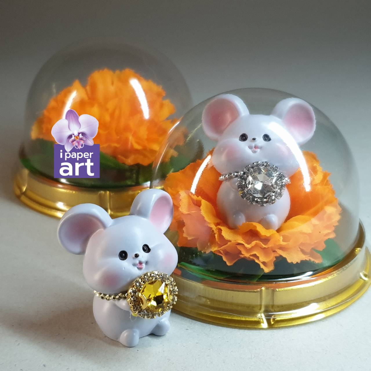 หนูมุสิกะคู่ คริสตัลงานพรีเมี่ยมเงินทอง | บริวารพระพิฆเนศ ถวายเพชรเงินเพชรทอง งานปราณีต