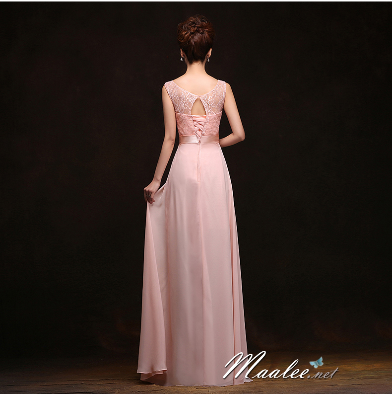 พร้อมส่ง ชุดราตรียาว แบบแขนกุด ผ้าชีฟอง แต่งผ้าลูกไม้ & โบว์ช่วงเอว สวยหวาน สีชมพู (เชือกผูกหลัง)