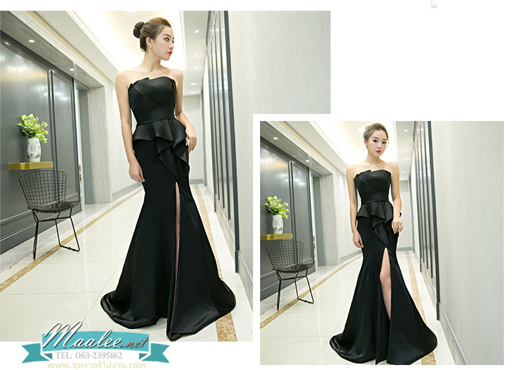 พร้อมเช่า ชุดราตรียาว แบบเกาะอก ทรงหางปลาแหวกหน้าขา สีไวน์แดง จับจีบตีเกล็ด เนื้อผ้าซาติน