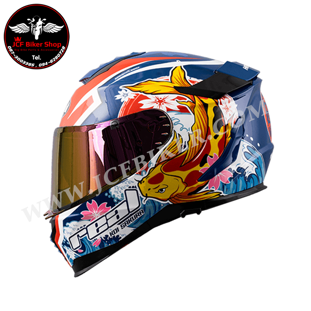 หมวกกันน็อคเต็มใบ หมวกกันน็อค Real Helmets รุ่น Hurricane Koi Sakura น้ำเงิน-แดง