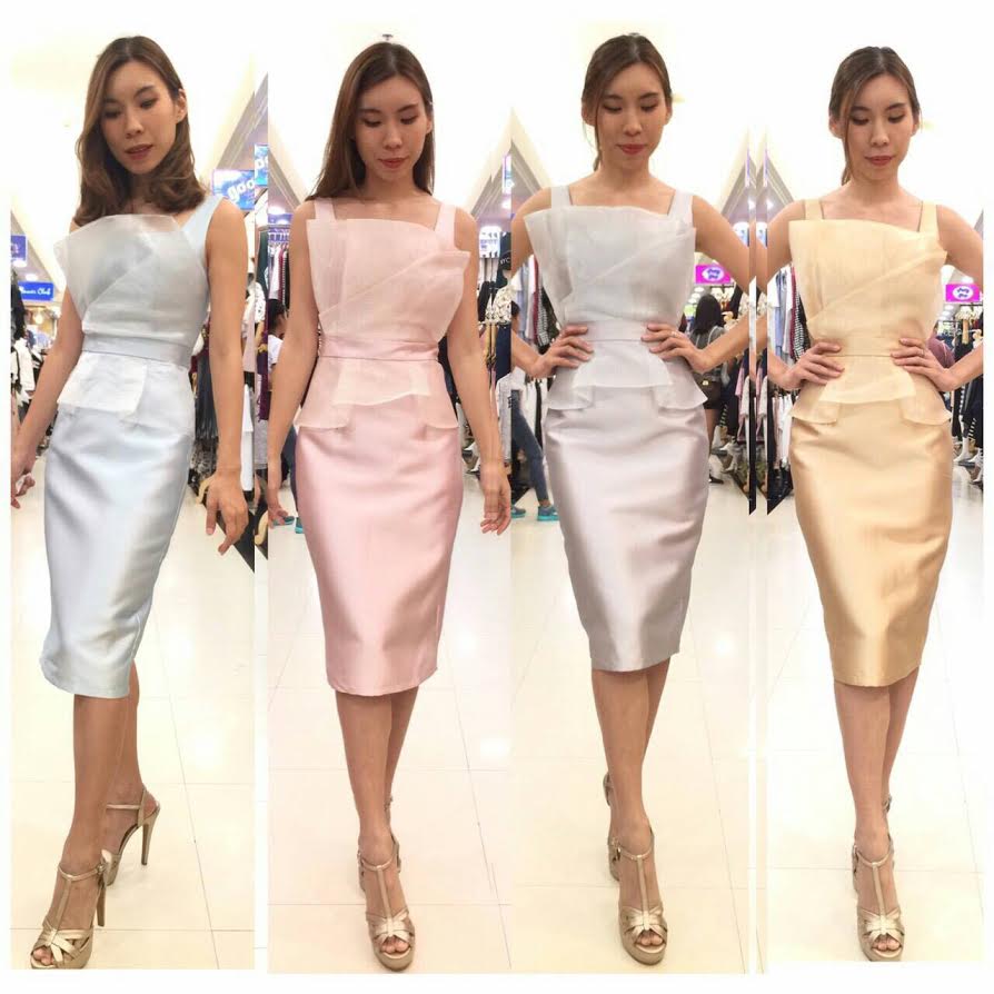 พร้อมเช่า ราตรีสั้น ชุดแซกผ้าไหมเทียม แต่งผ้าแก้วจับเดรป สวยหวาน สีเทา พลัสไซส์