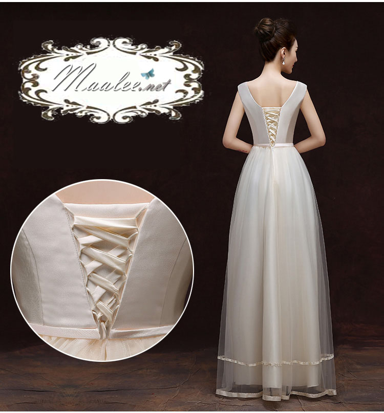 พร้อมเช่า ชุดราตรียาว ชุดเพื่อนเจ้าสาว แบบ C แขนกุด แต่งโบว์เล็กช่วงเอว (เชือกผูกหลัง)