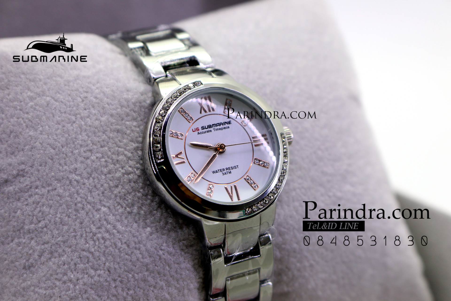 นาฬิกา US submarine รุ่น J120L กรอบหน้าปัดคริตตัล หน้าปัดสีขาวตัวเลลสีPINK GOLD สายสแตนเลสสีเงินเงา