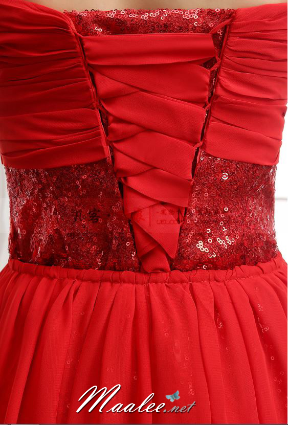 Sale พร้อมส่ง ชุดราตรีสั้น เกาะอก สีแดง เข้ารูปปักเลื่อม อกแต่งผ้าชีฟอง (ไม่มีผ้าคลุม)