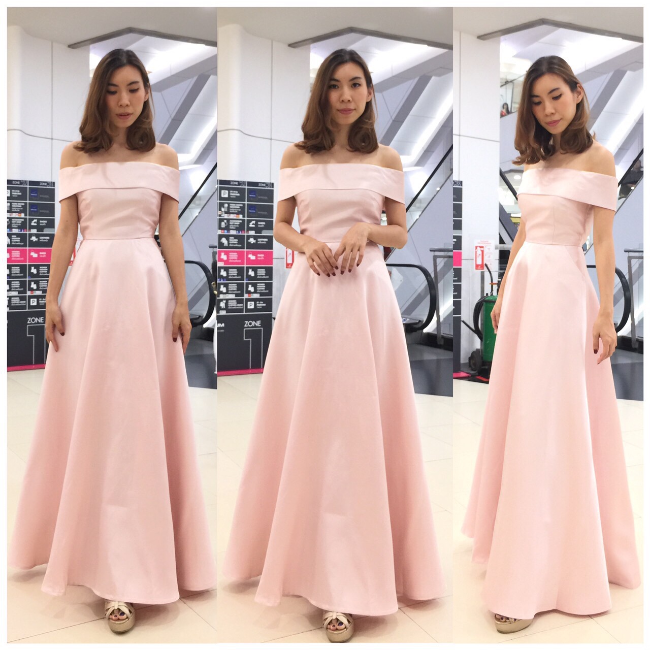 พร้อมเช่า ชุดราตรียาว ไหล่ปาด สีชมพู กระโปรงย้วย
