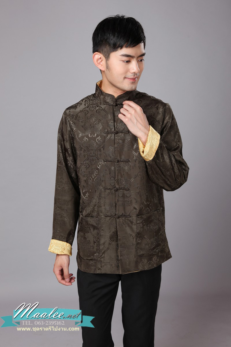 Pre-order ชุดจีน ชาย เสื้อผ้าแพร สีน้ำตาล/ ทอง ใส่ได้สองด้าน