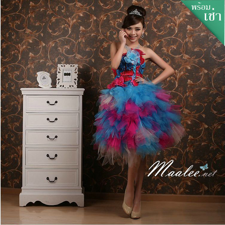 พร้อมเช่า ชุดแฟนซี เช่า 500 ชุดราตรีสั้น เกาะอก ชุดเชียร์ลีดเดอร์ กระโปรงแต่งเป็นชั้นๆ พองสวยมาก