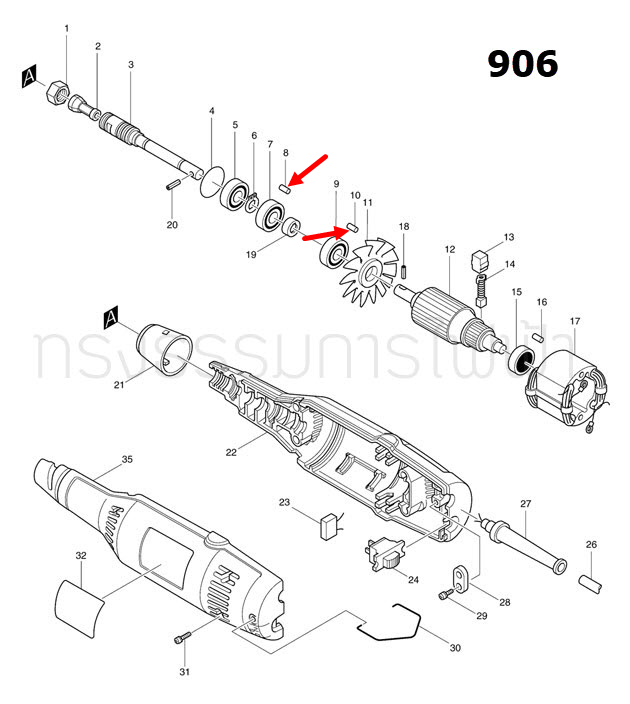 แกน เครื่องเจียร์หิน Makita มากีต้า 906 [#3] Pn.321194-1 (แท้) ##