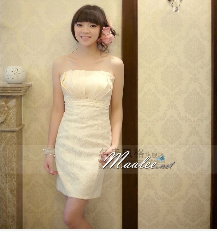 พร้อมส่ง ชุดราตรีสั้น เกาะอก สีครีม Champagne จับจีบหน้าอก กระโปรงลูกไม้