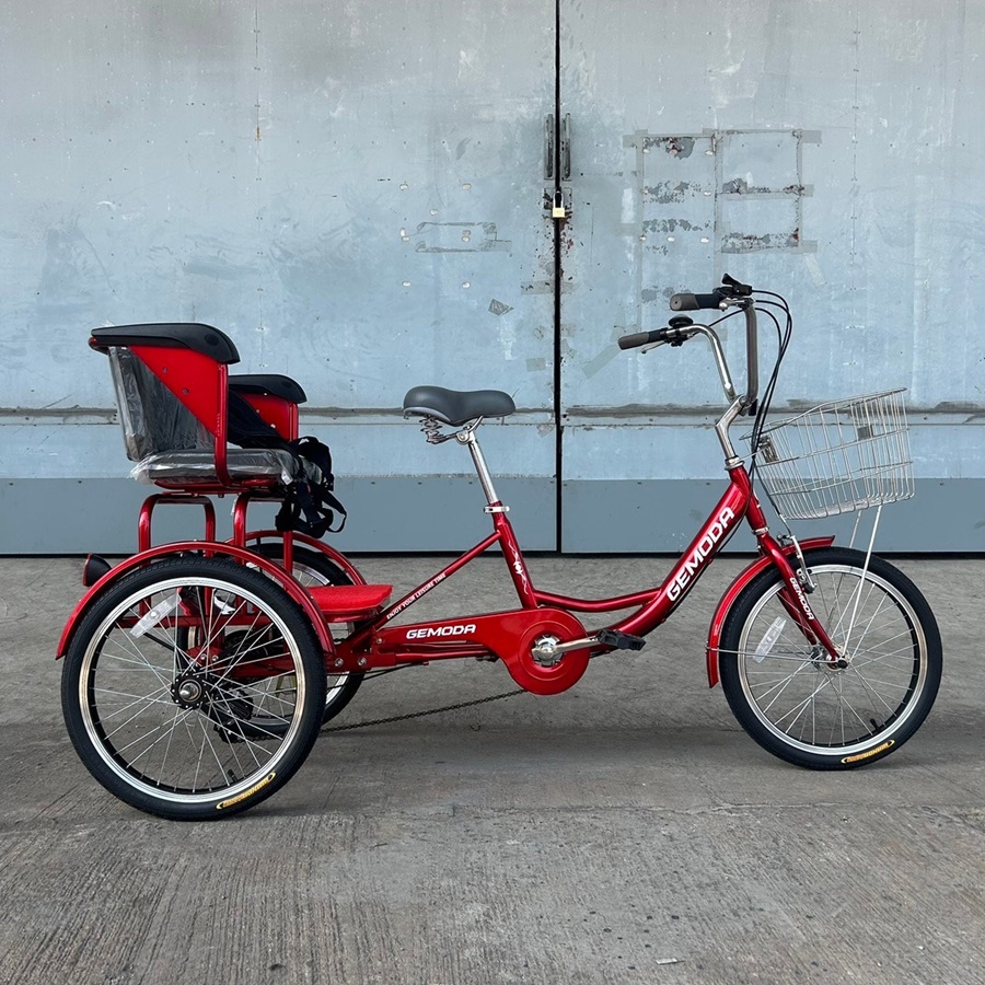 จักรยานสามล้อยี่ห้อ GEMODA ตะกร้าหน้าสแตนเลส ล้อ 20 นิ้ว มีที่นั่งด้านหลัง เกียร์ SHIMANO 6 SPEEDS รับน้ำหนักได้สูงสุด 200 กิโลกรัม