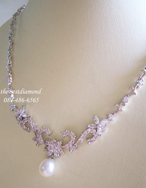 ===BN022RD+++สร้อยเพชร pearl in flower++ สร้อยมุกแท้ ประดับด้วยเพชร cz แบบสวย ดูไฮโซ หรูหรามากๆๆ งานสวย Perfect ลงตัว เพชรสวย มุกงามมากค่ะ