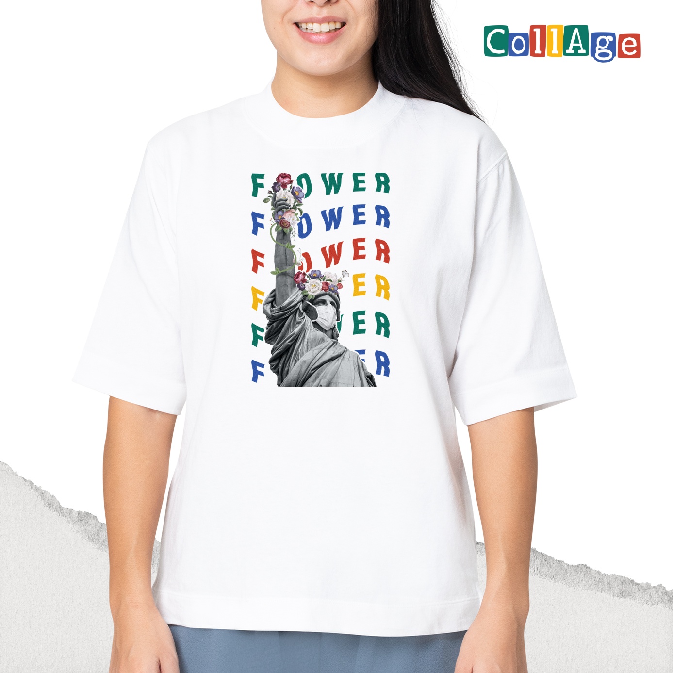 เสื้อยืดพิมพ์ลาย Collage Flower รหัส CEA00469 สีขาว #เสื้อยืด #Collage