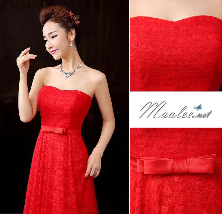 พร้อมส่ง ชุดราตรียาว เกาะอกลูกไม้ คลุมผ้าตาข่ายชั้นนอก แต่งโบว์ช่วงเอว สีแดง