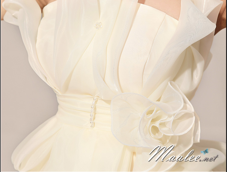 พร้อมเช่า ชุดราตรีสั้น เกาะอก สีครีม Champagne ผ้าแก้วแต่ง Layer กระโปรงลูกไม้