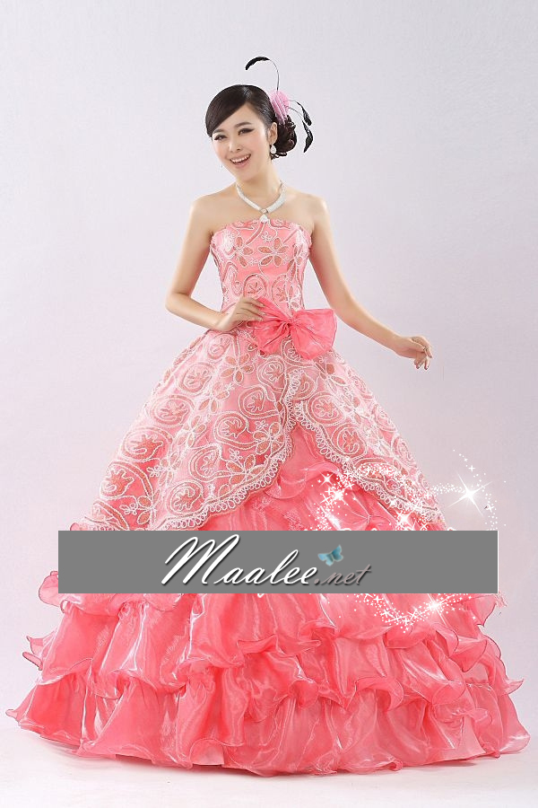 พร้อมเช่า ชุดแฟนซี ชุดราตรียาว เกาะอก สีโอโรส ผ้าแก้วพิมพ์ลายสวย กระโปรงแต่งระบาย