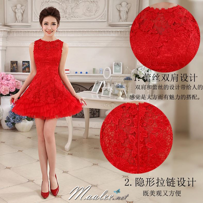 พร้อมเช่า ชุดราตรีสั้น แขนกุดลูกไม้ กระโปรงแต่งระบายสวยหรู สีเทา