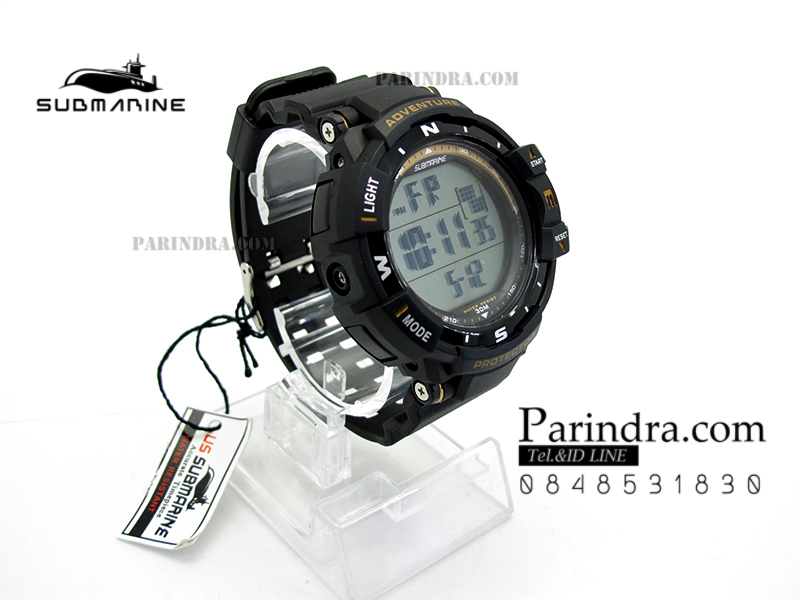 นาฬิกา US submarine TP1338M สีดำ-ทอง พื้นหลังเทา กรอบเข็มทิศระบบDigital