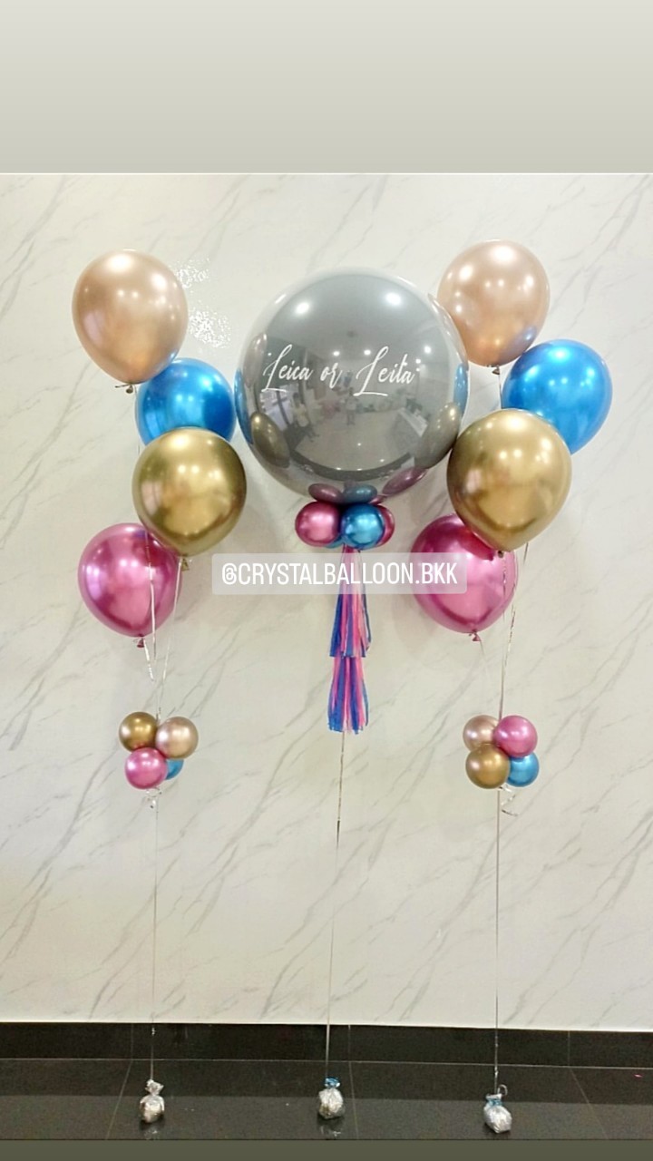 ลูกโป่ง ทายเพศ แบบเจาะ ลูกโป่งยาง ขนาด 24" สีเทา 1 ลูก พร้อม ช่อลูกโป่งสีโครเมี่ยม ช่อ 4 ลูก 2 ช่อ พร้อมตกเเต่ง สามารถเปลี่ยนสีลูกโป่ง/เปลี่ยนข้อความ/เปลี่ยนขนาดได้