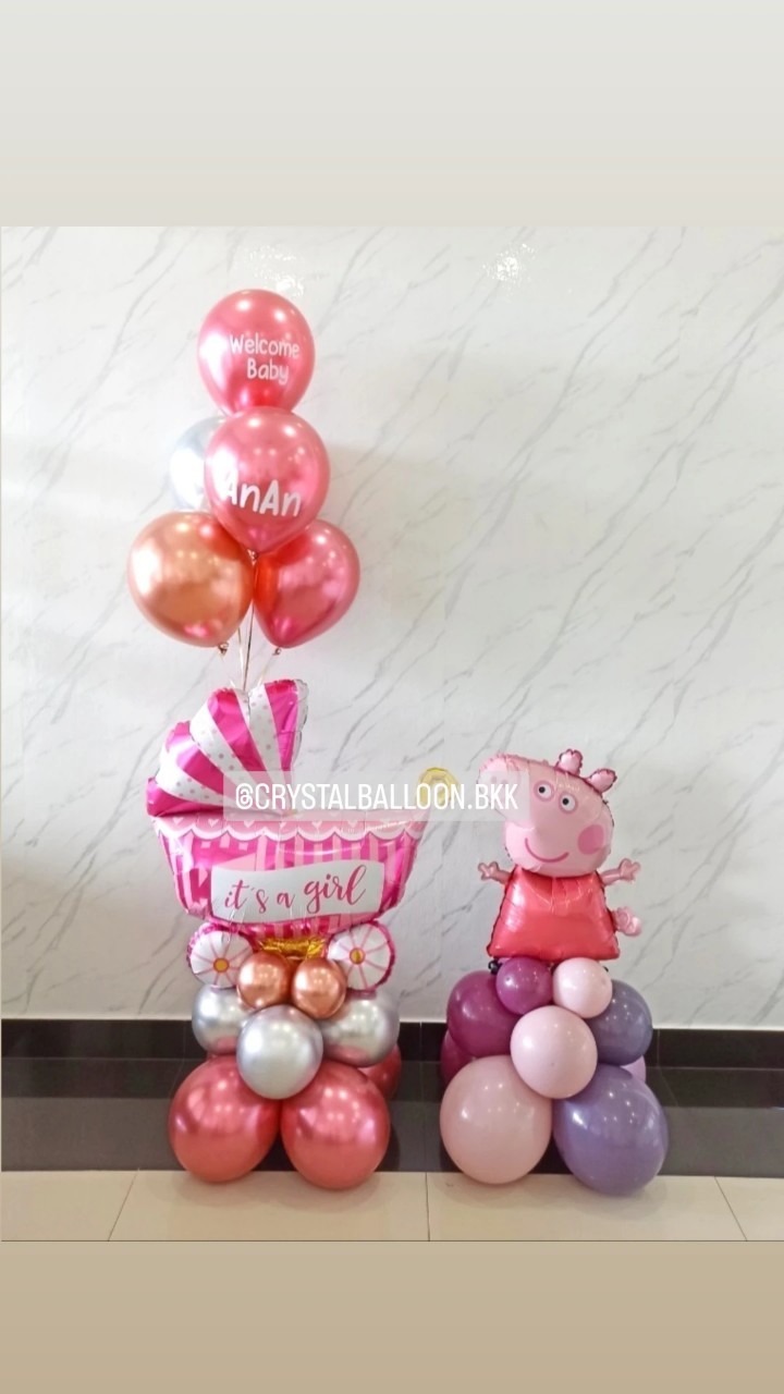 ลูกโป่ง Welcome Baby Girl ฟอยล์รถเข็น สีชมพู ตั้งฐาน 1 ชิ้น พร้อม ช่อลูกโป่งสีโครเมี่ยม ช่อ 5 ลูก 1 ช่อ,ฟอยล์ Peppa Pig ตั้งฐาน 1 ชิ้น พร้อมตกแต่ง สามารถเปลี่ยนสีลูกโป่ง/เปลี่ยนข้อความ/เปลี่ยนสี-ฟอยล์ตกแต่งได้
