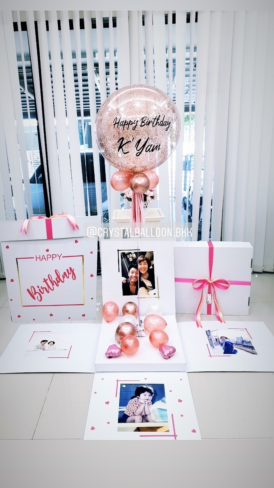 Happy Birthday Surprise Box Bubble ขนาด 24" สีชมพู - โรสโกล พร้อมตกแต่ง สามารถใส่รูปได้ 4 ใบ สามารถเปลี่ยนสีลูกโป่ง/เปลี่ยนข้อความได้