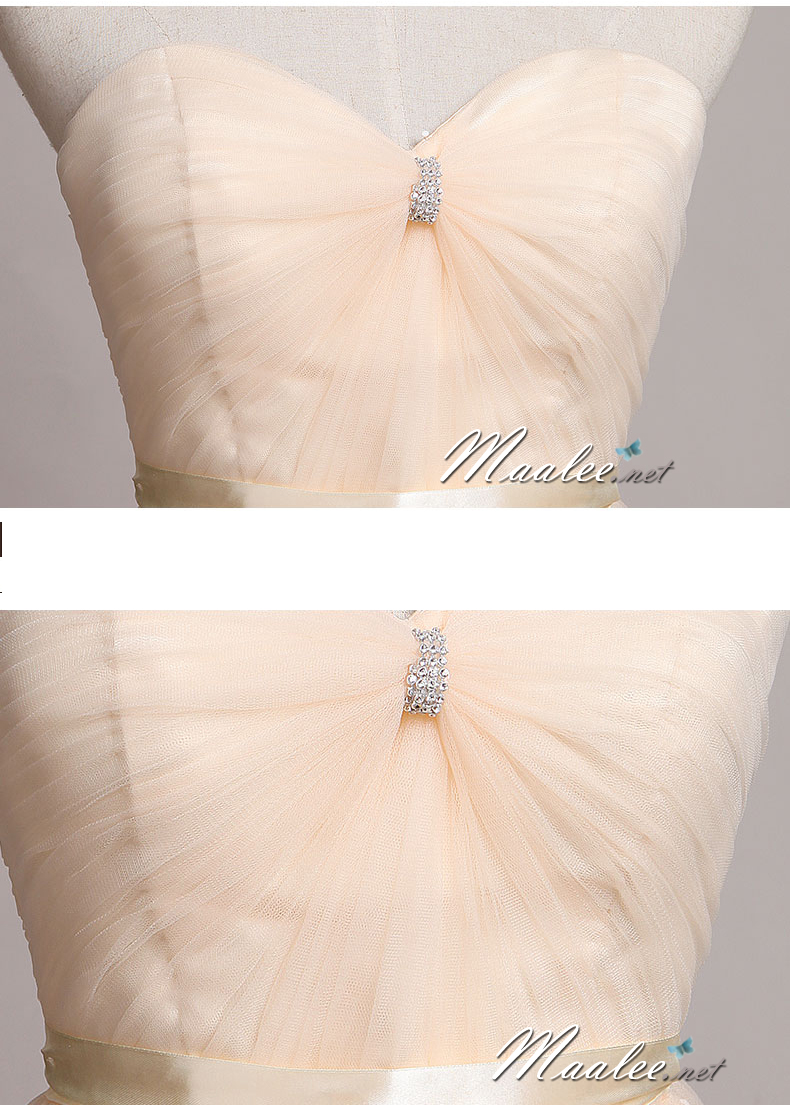 พร้อมเช่า ชุดราตรียาว เกาะอก ผ้าตาข่ายนิ่มทั้งชุด อกจับจีบ แซมด้วยแผงคริสตัล & คาดเอวริ้บบิ้นผูกโบว์ สีชมพูโอโรส (ซิปหลัง)