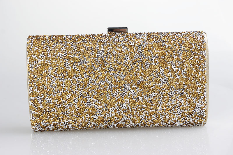 พร้อมส่ง Evening Clutch กระเป๋าออกงาน ทรงสี่เหลี่ยม พร้อมสายโซ่ยาว อัดคริสตัลเม็ดเล็ก สวยหรู สีทอง