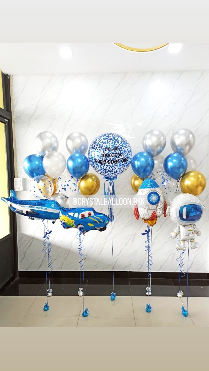 ลูกโป่ง วันเกิดเด็ก Bubble ขนาด 24" Confetti สีน้ำเงิน พร้อม ช่อลูกโป่ง ช่อ 7 ลูก 4 ช่อ,ลูกโป่งใส ใส่ Confetti พร้อม ฟอยล์ตกแต่ง 4 ชิ้น พร้อมตกเเต่ง สามารถเปลี่ยนสีลูกโป่ง/เปลี่ยนนข้อความ/เปลี่ยนขนาด/เปลี่ยนสี-ฟอยล์ตกแต่งได้