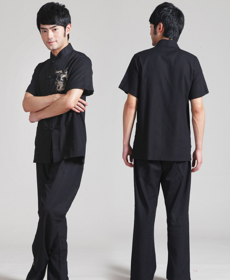 Pre-order ชุดจีน เสื้อจีนชาย แขนสั้น ผ้าฝ้าย สีดำ ปักลายมังกร