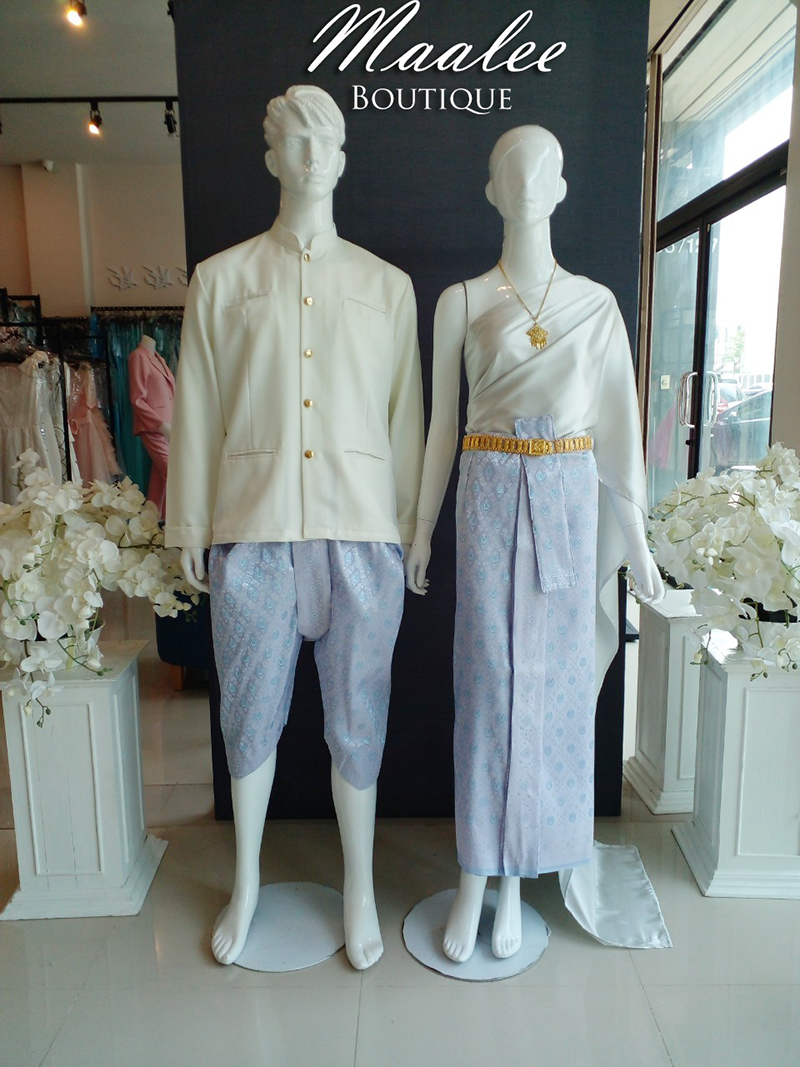 เช่า ชุดไทย ชุดเพื่อนเจ้าสาว ชุดไทยผ้าถุงสีชมพูฟ้าเงิน สไบเรียบสีเทาอ่อน