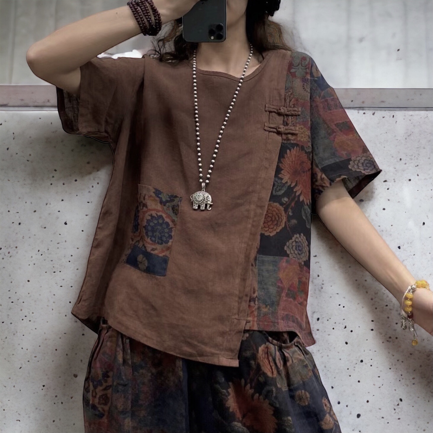 เสื้อผ้าลินินต่อลายแต่งกระเป๋า