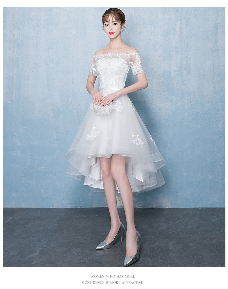 พร้อมเช่า ชุดแต่งงาน มินิมอล ชุดหมั้น ลูกไม้ ทรงปาดไหล่ หน้าสั้น หลังยาว ชุดพรีเวดดิ้ง