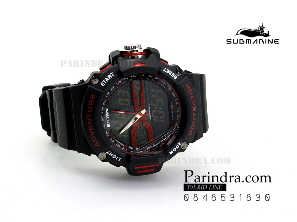 นาฬิกา US submarine รุ่น TP3164M สีดำตัดแดง พื้นหลังดำ