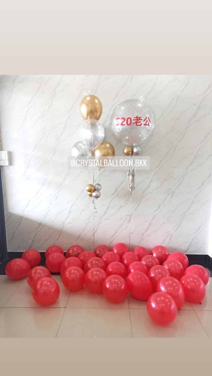 ลูกโป่ง วันเกิด Bubble ขนาด 24" กลิตเตอร์สีเงิน 1 ลูก พร้อม ช่อลูกโป่งสีโครเมี่ยม ช่อ 5 ลูก 1 ลูก Theme สีเงินโครเมี่ยม-ทองโครเมี่ยม,ลูกโป่งโปรยพื้น 30 ลูก พร้อมตกแต่ง สามารถเปลี่ยนสีลูกโป่ง/เปลี่ยนข้อความ/เปลี่ยนขนาดได้