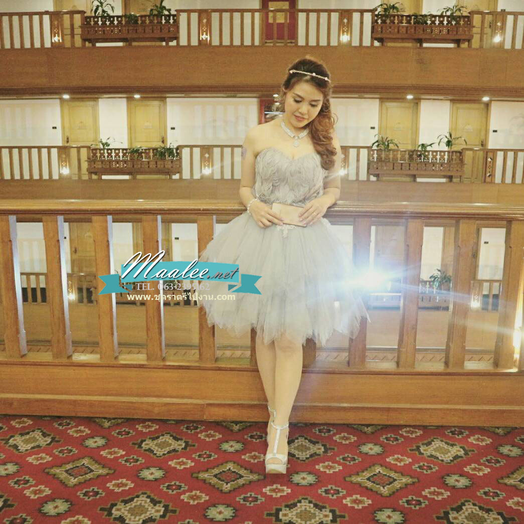 พร้อมเช่า ชุดแฟนซี ชุดราตรีสั้น สีเทา เกาะอก ขนนก กระโปรงระบายเป็นชั้น ๆ เชือกผูกหลัง