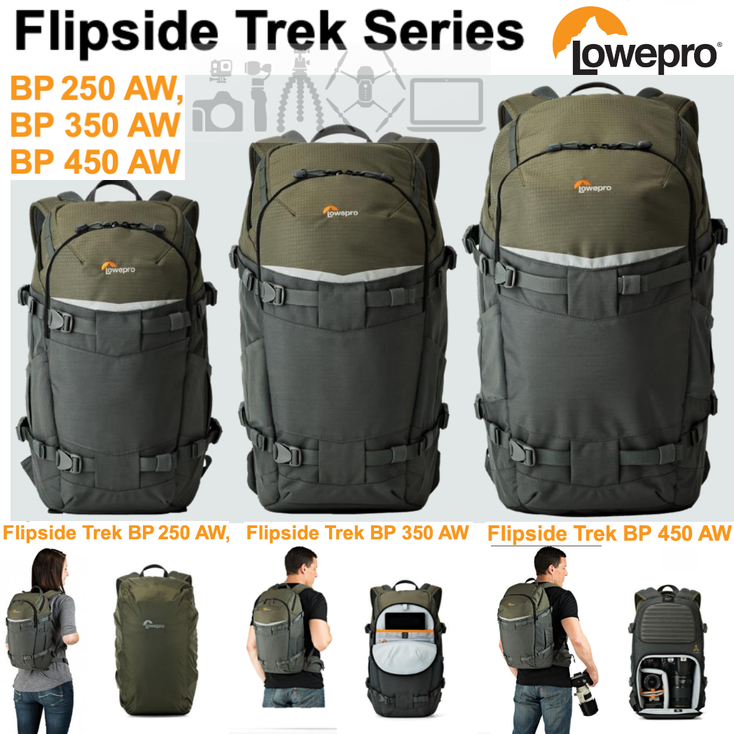 กระเป๋ากล้อง FLIPSIDE TREK BP 250 AW , 350 AW , 450 AW Lowepro เป้ สะพายหลังขนาดกะทัดรัด ของแท้ ประกันศูนย์ 3 ปี เลือกขนาด