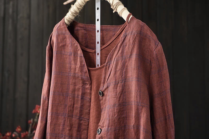 เสื้อผ้าลินินลายตารางแต่งกระเป๋า