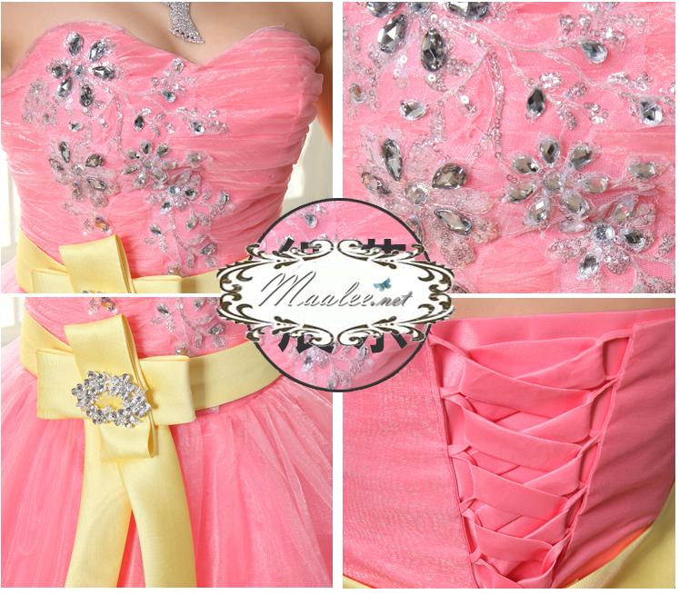 พร้อมเช่า ชุดแฟนซี ชุดราตรียาว เกาะอก สีโอโรส แต่งคริสตัลหรู ผ้าคาดเอวสีเหลือง พร้อมเข็มกลัด