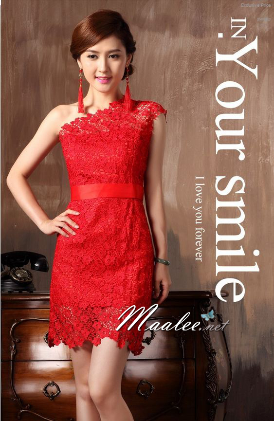 พร้อมส่ง ชุดยกน้ำชา ชุดจีน ชุดกี่เพ้า ลูกไม้ไหล่เดียว สีแดง แบบโมเดิร์น