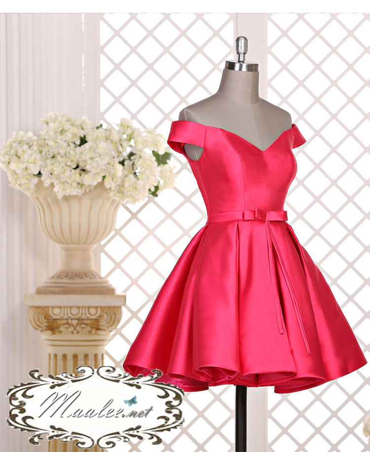 พร้อมส่ง ชุดราตรีสั้น แบบปาดไหล่ ผ้าซาตินเรียบหรู กระโปรงทรงA แต่งโบว์2ชั้น ช่วงเอว สีชมพู Hot pink (เชือกผูกหลัง)