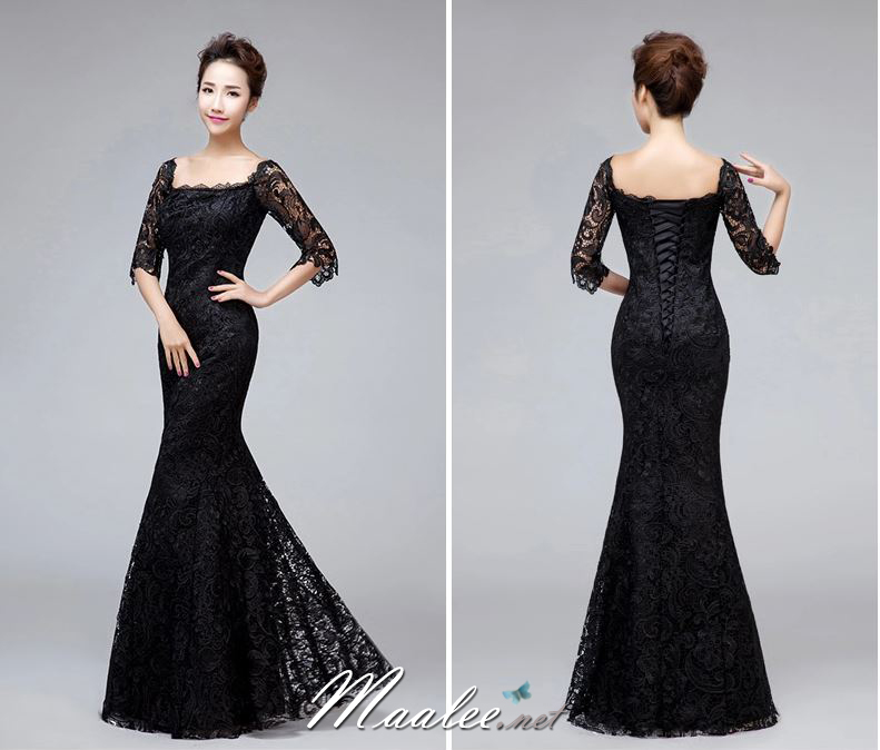 พร้อมเช่า ชุดราตรียาว สีดำ ทรงหางปลา ลูกไม้ทัั้งตัว เปิดไหล่ แขนสามส่วน (เชือกผูกหลัง)