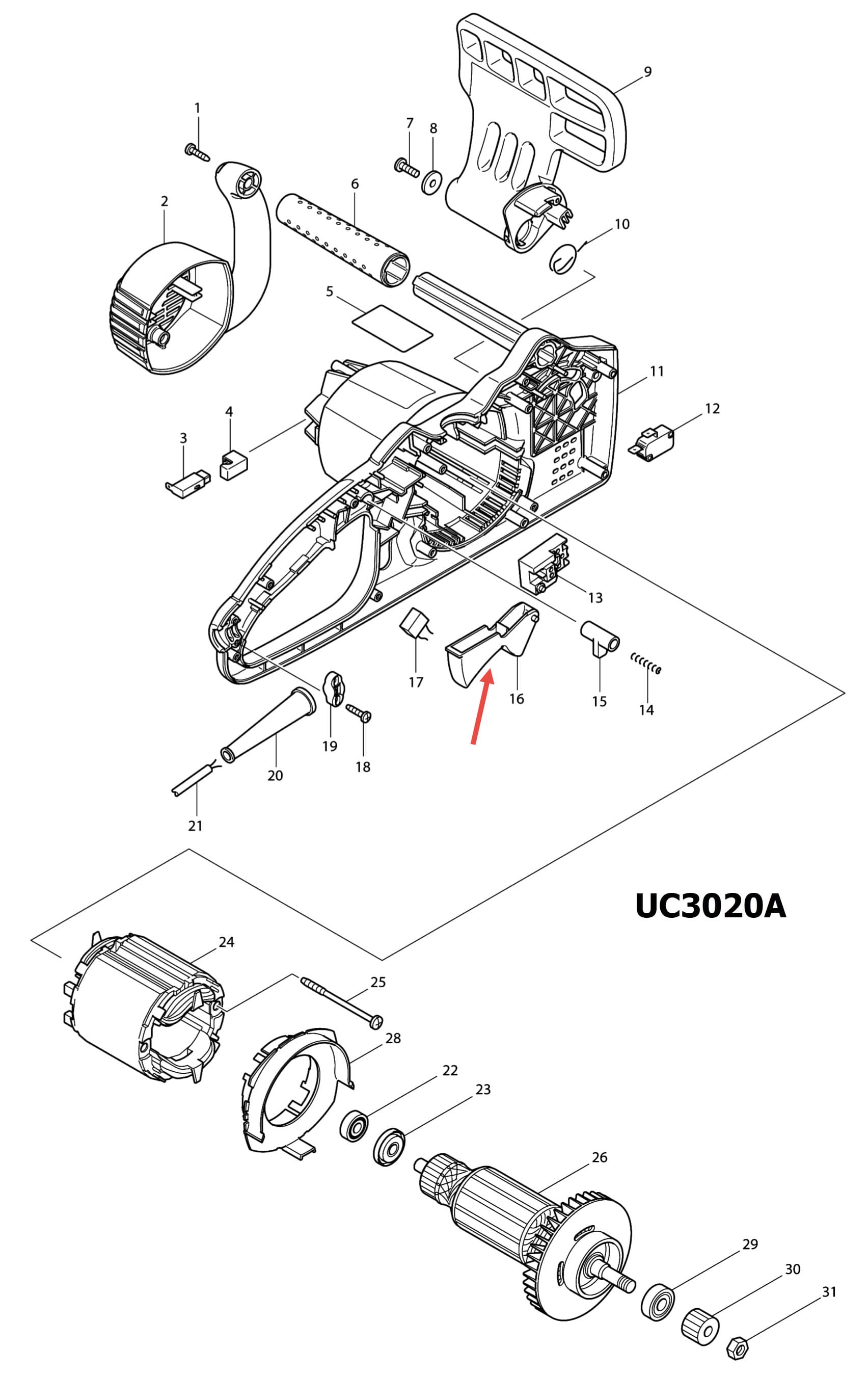 SWITCH LEVER สวิทช์คันโยก Makita UC3020A, UC4020A #16 Pn.416708-0 (แท้) ##