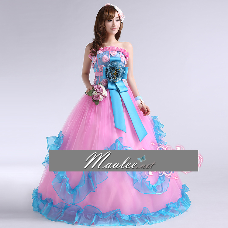 พร้อมเช่า ชุดแฟนซี ชุดราตรี เกาะอก สีชมพู ฟ้า Pastel สุดหวาน แต่งระบายกระโปรง