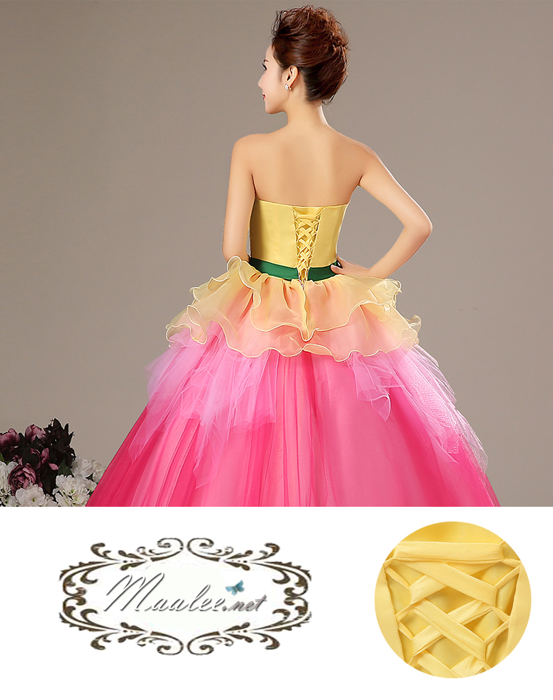 พร้อมเช่า ชุดแฟนซี ชุดราตรียาว แบบเกาะอก กรโปรงผ้าแก้ว สีเหลือง+ชมพู อกแต่งลูกปัดหรู โบว์คาดเอวสีเขียว