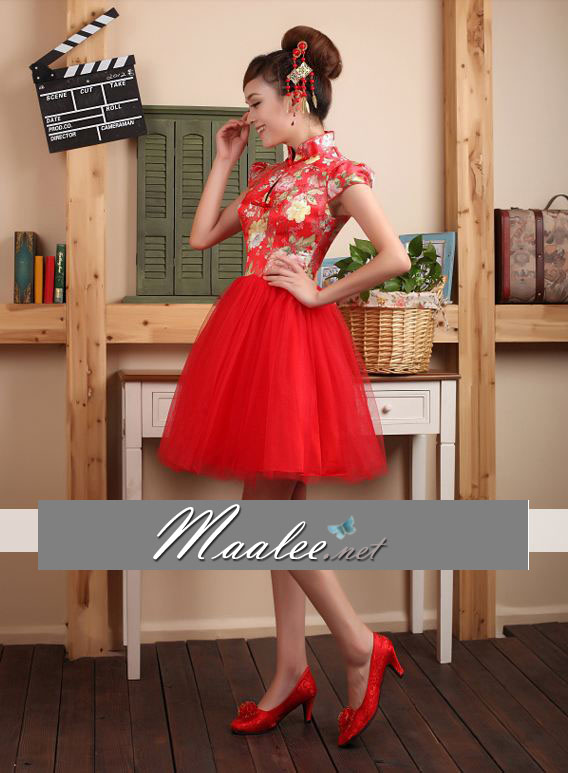 พร้อมเช่า ชุดแฟนซี ชุดราตรีสั้น ชุดตรุษจีน ชุดกี่เพ้า คอจีน กระโปรงตาข่ายพองสวย