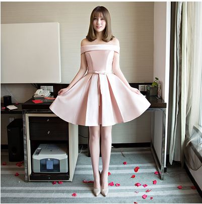 พร้อมเช่า ชุดเดรสสั้น ชุดออกงาน แบบปาดไหล่ สีชมพูโอโรส น่ารักสวยหวาน